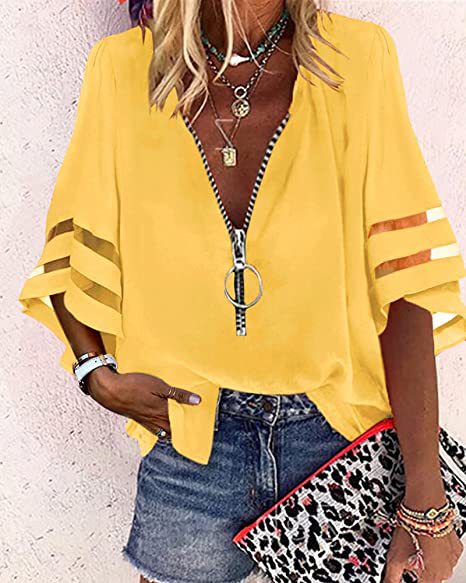 Damen V‑Ausschnitt Bluse mit dekorativem Ringreißverschluss und Cut-Out-Ärmeln Drune