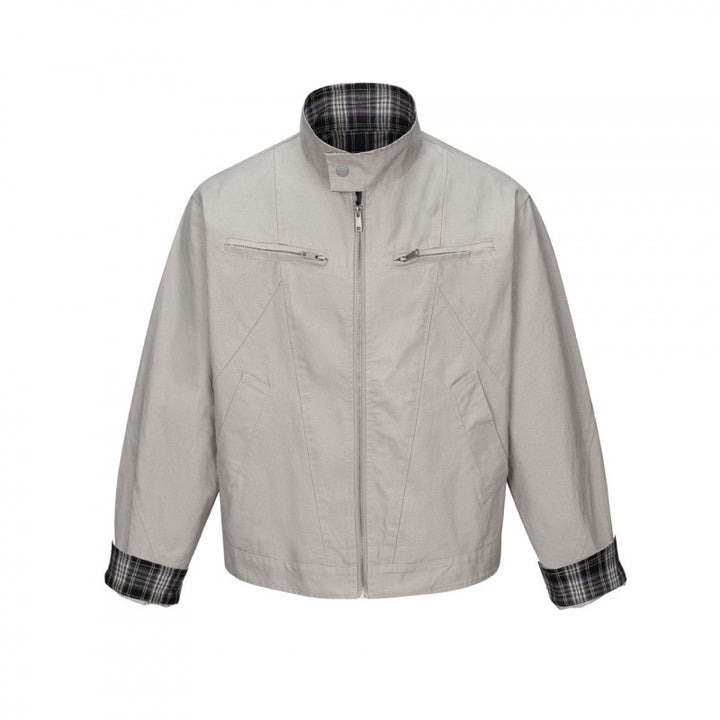 Herren Kurz geschnittene Canvas-Blousonjacke mit Stehkragen, Reißverschlusstaschen und kariertem Futter Drune