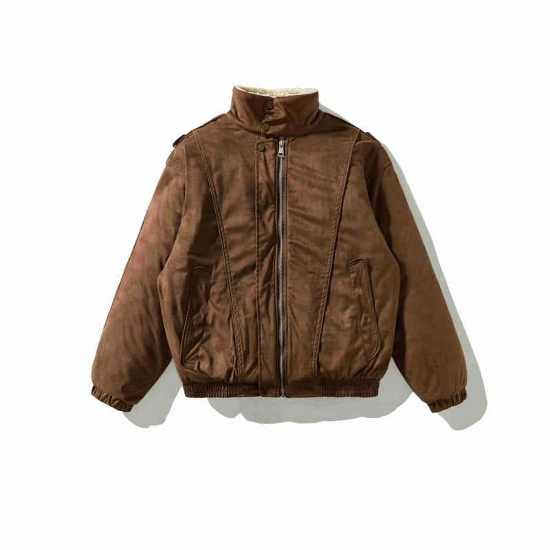 Herren Veloursleder-Optik Bomberjacke mit hohem Stehkragen und Teddyfutter Drune