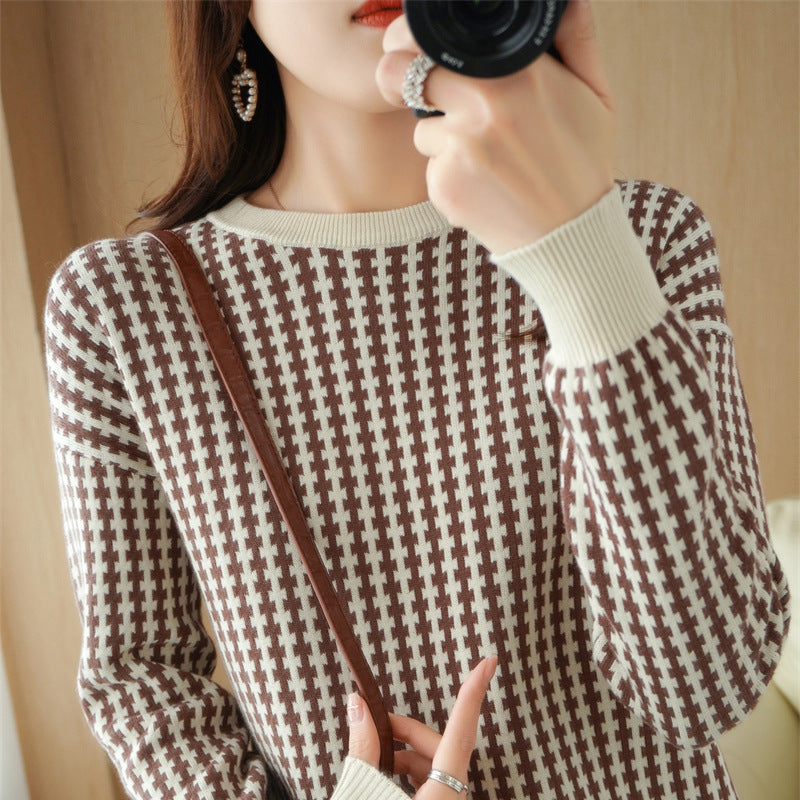Damen Leichter Strukturstrick-Pullover mit Hahnentritt-Muster und breitem Rippbündchen Drune
