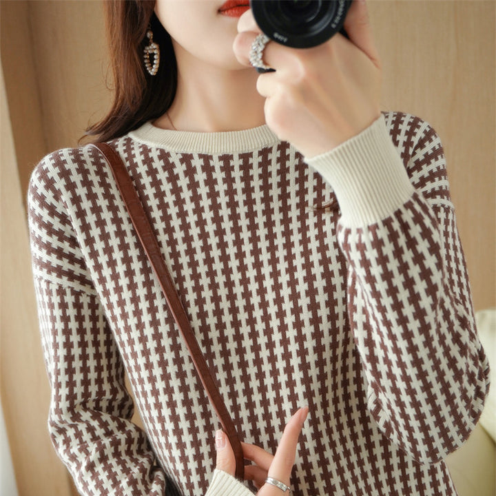 Damen Leichter Strukturstrick-Pullover mit Hahnentritt-Muster und breitem Rippbündchen Drune