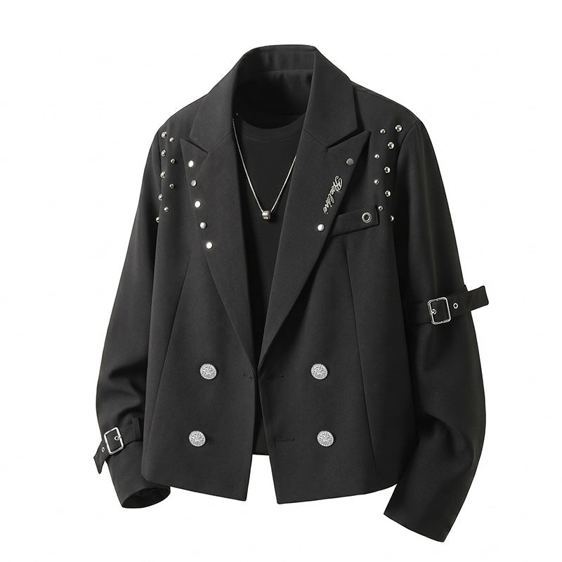 Herren Kurzblazer-Jacke im Rockigen Biker‑Look mit Nietenbesatz, Doppelreiher & Ärmel-Schnallen Drune