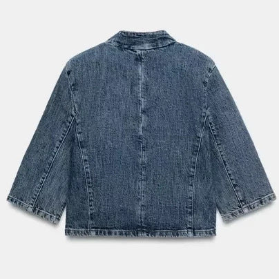 Damen Boxy Cropped Denimjacke mit Mandarin-Kragen, asymmetrischer Knopfblende und Fransenabschluss Drune