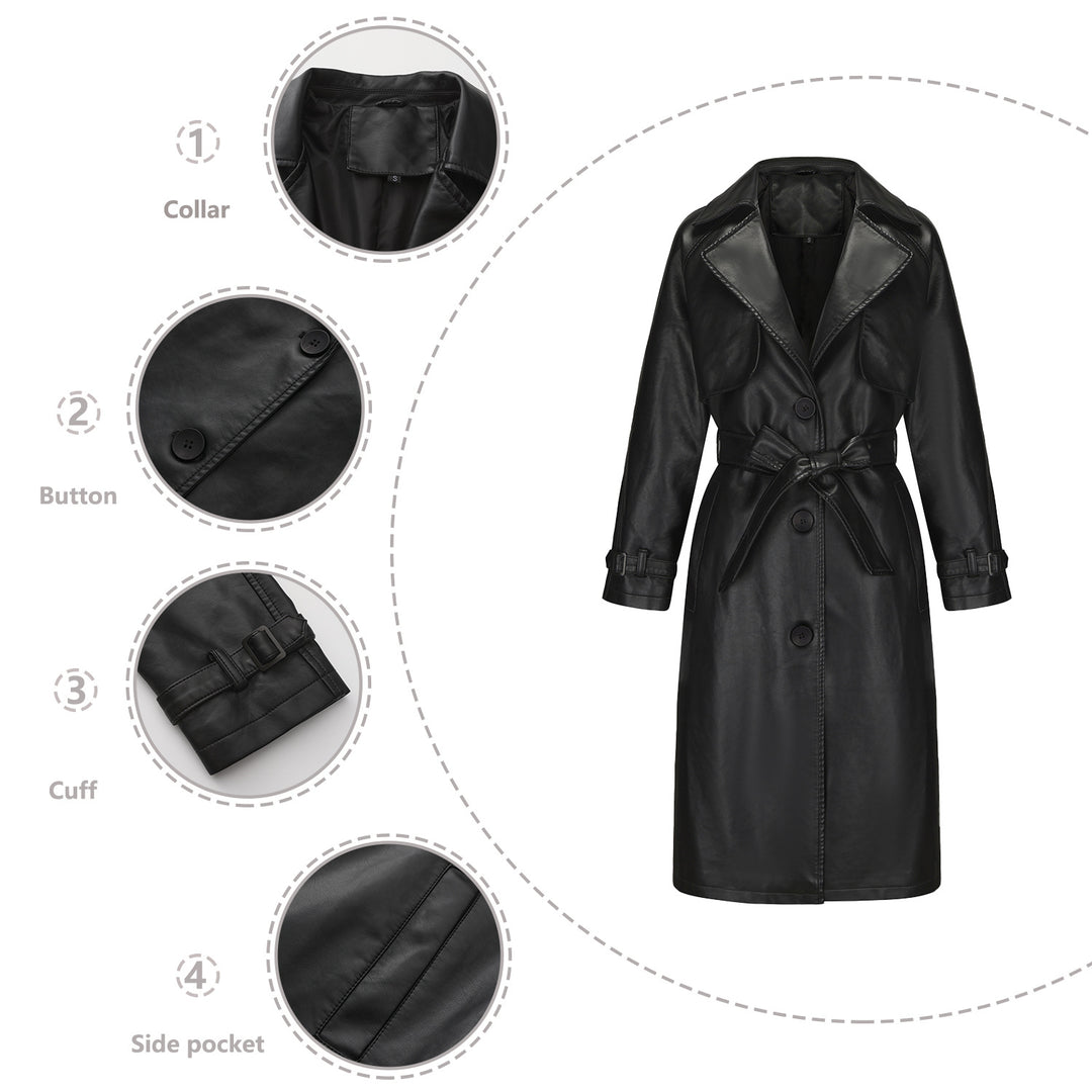 Damen nan langer taillierter Kunstleder-Trenchcoat mit Bindegürtel Drune