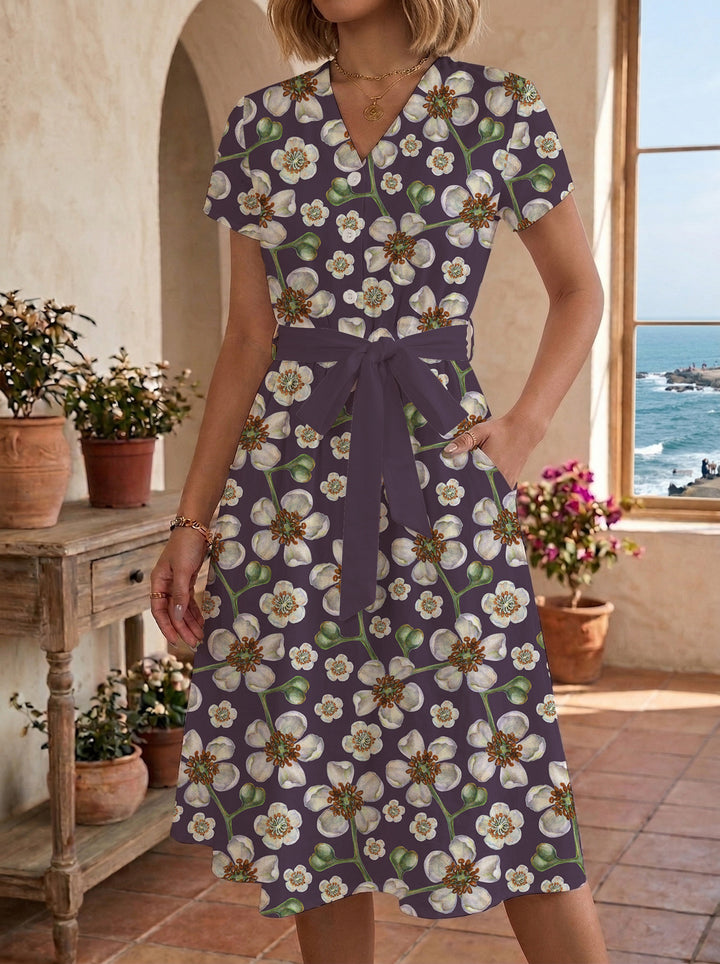 Damen Midikleid mit floralem Muster und Taillengürtel Drune