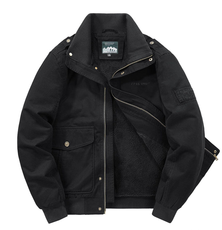 Herren Thermo-Canvasblouson mit durchgehendem Teddyfutter, Rippkragen und Utility‑Pattentaschen Drune