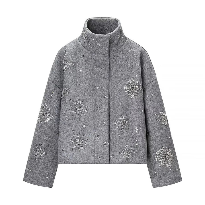 Damen nan boxy Kurzjacke mit hohem Stehkragen und funkelnder Perlen‑ und Paillettenstickerei Drune