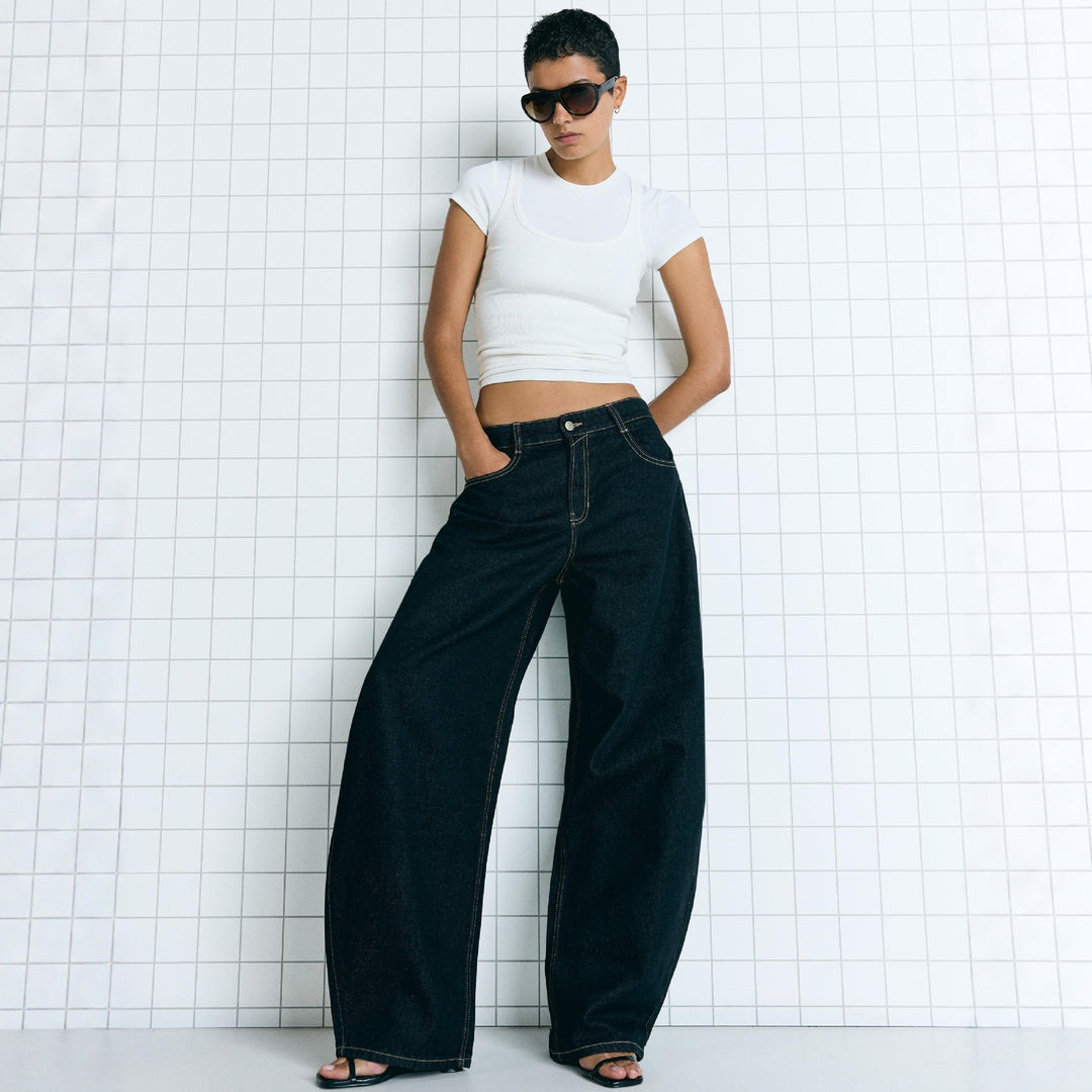 Damen nan hohe Taillenweite Palazzo-Denim mit weitem Bein und cleanem Five-Pocket-Design Drune