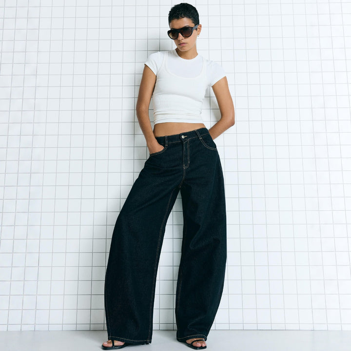 Damen nan hohe Taillenweite Palazzo-Denim mit weitem Bein und cleanem Five-Pocket-Design Drune