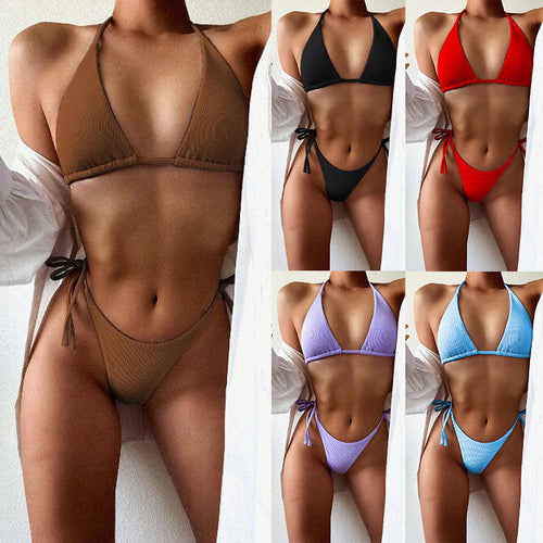 Damen Triangel-Bikini mit feiner Rippstruktur und verstellbaren Bindebändern Drune