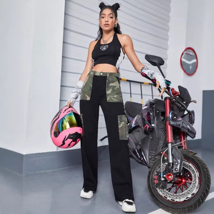 Damen High-Waist Utility-Jeans mit Camouflage-Paneelen und aufgesetzten Cargotaschen Drune