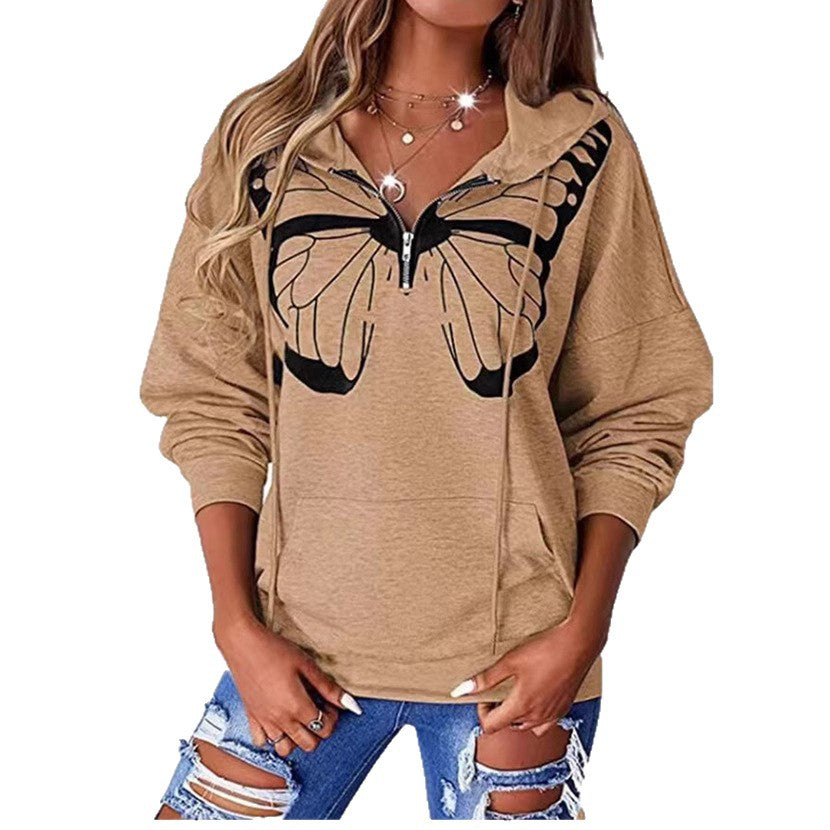 Damen Kapuzenpullover mit halbhohem Reißverschluss und Schmetterlingsprint Drune