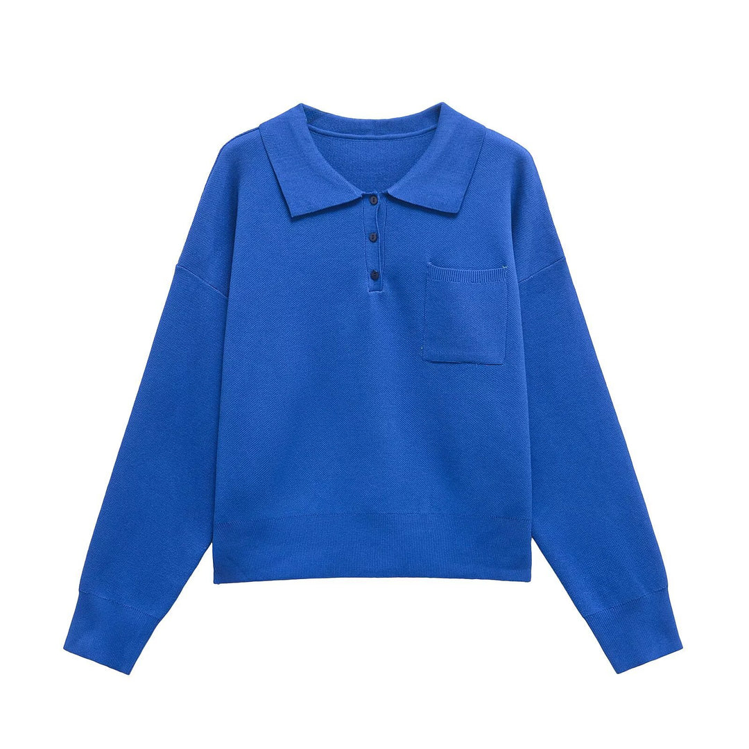 Damen Strick-Polo-Pullover mit Knopfleiste, Brusttasche und überschnittener Schulter Drune
