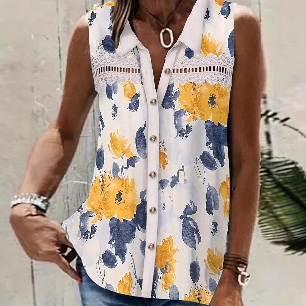 Damen nan Seidenimitat-Buttondown-Top mit Spitzenpasse und Perlenknopfleiste Drune