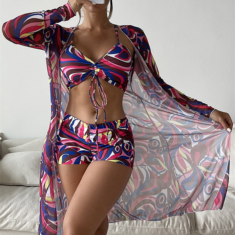 Damen Bikiniset mit schönem Bindeband und floralem Kimono Drune