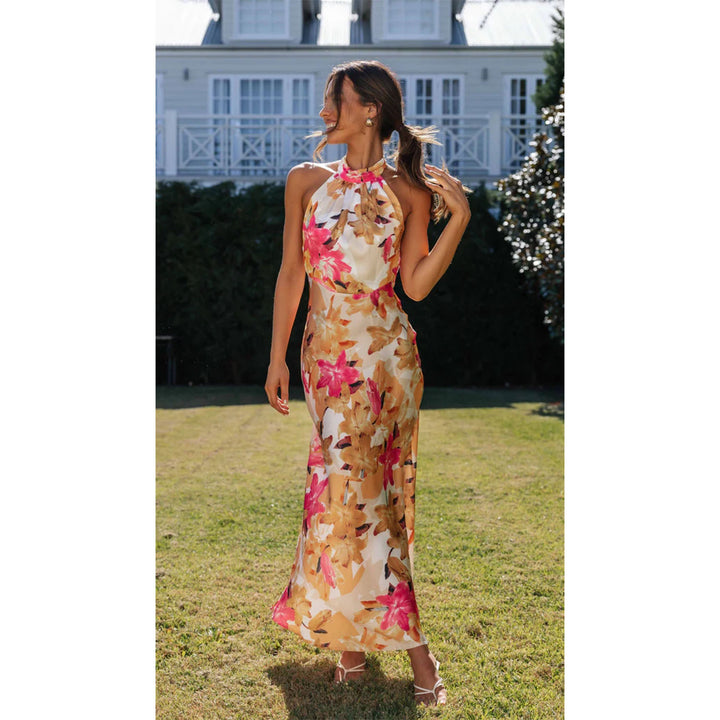Damen Maxikleid mit hochgeschlossenem Halterneck-Design und floralem Muster Drune