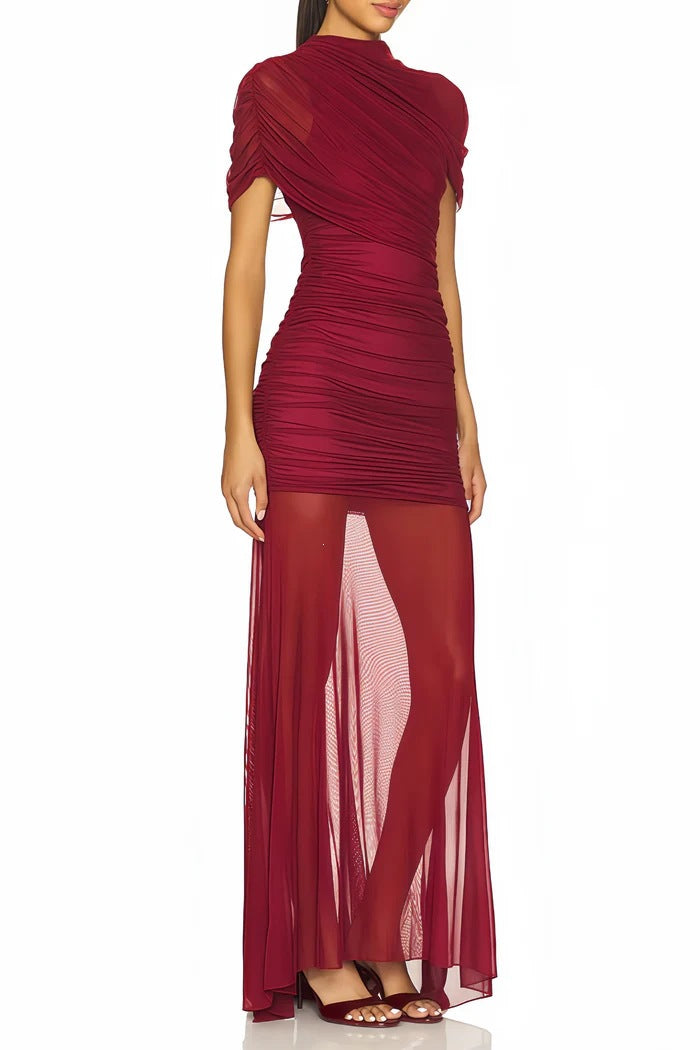 Damen Elegantes Cocktailkleid mit gerafftem Design und transparenter Schicht Drune