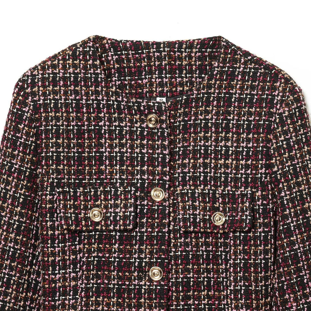 Damen Elegante Tweedjacke mit dekorativen Knöpfen und abnehmbaren Taillengürtel Drune