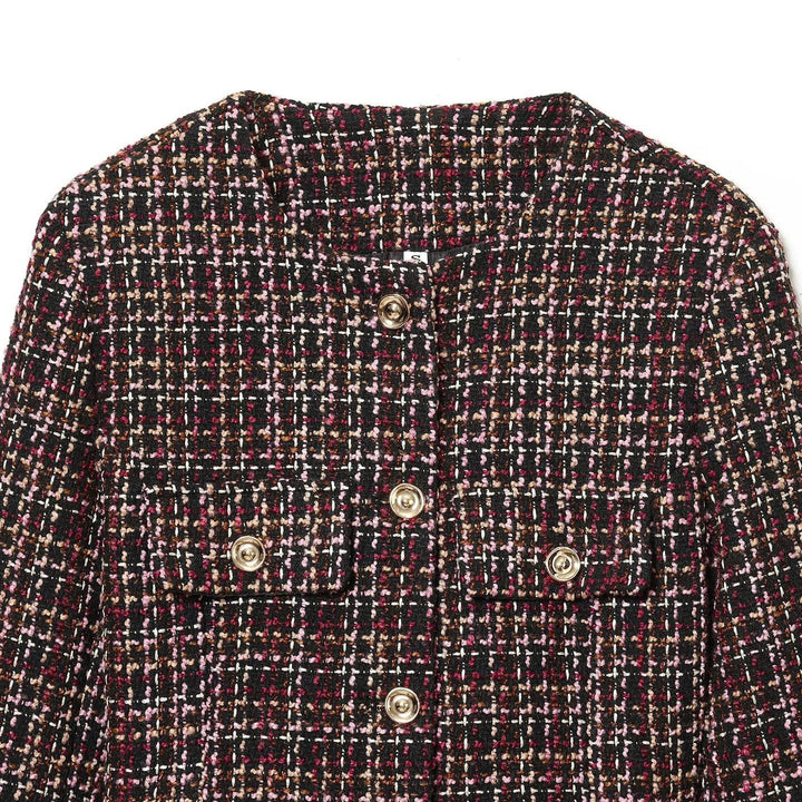 Damen Elegante Tweedjacke mit dekorativen Knöpfen und abnehmbaren Taillengürtel Drune