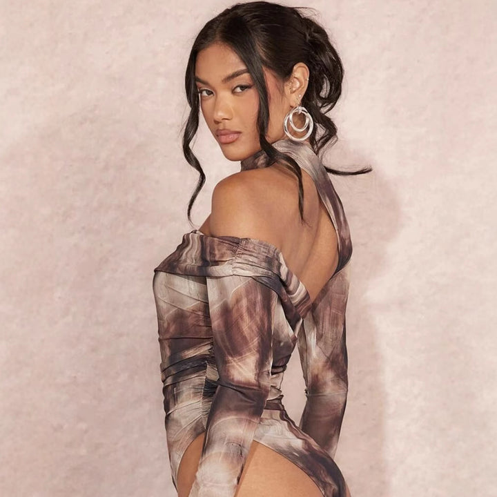 Damen Hochgeschlossener Bodysuit mit asymmetrischem Schnitt und raffinierten Drapierungen Drune