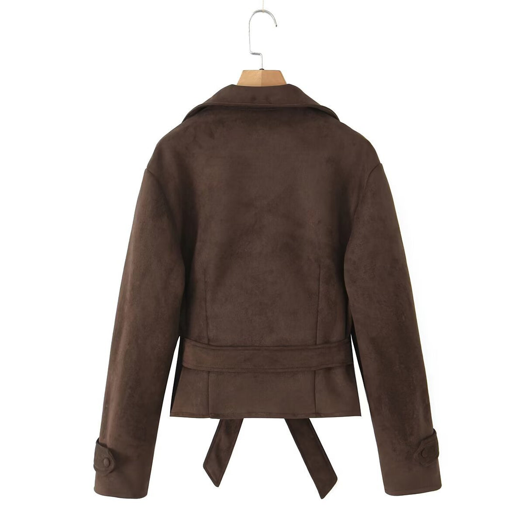 Damen Kurze Wildlederoptik-Jacke mit Taillengürtel und Reverskragen Drune