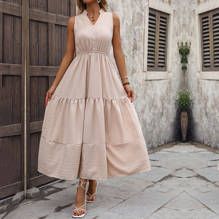 Damen Maxikleid mit V-Ausschnitt und Knopfleiste Drune
