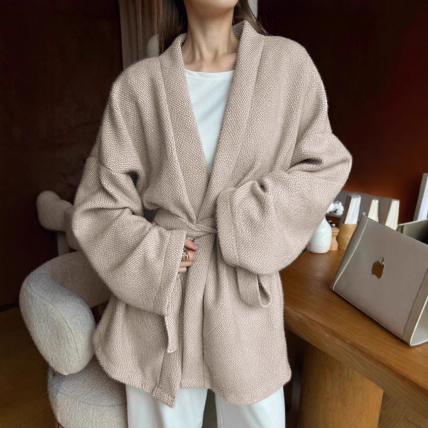 Damen modische offene Strickjacke mit Taillengürtel und weitem Schnitt Drune