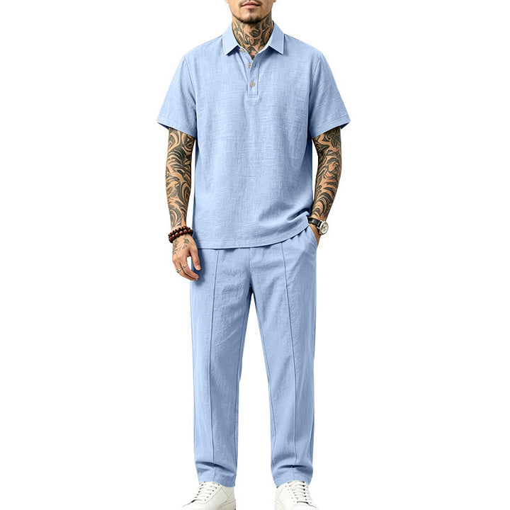 Herren Leichtes Leinenoptik-Loungewear-Set mit Polokragen und Bundfalten Drune