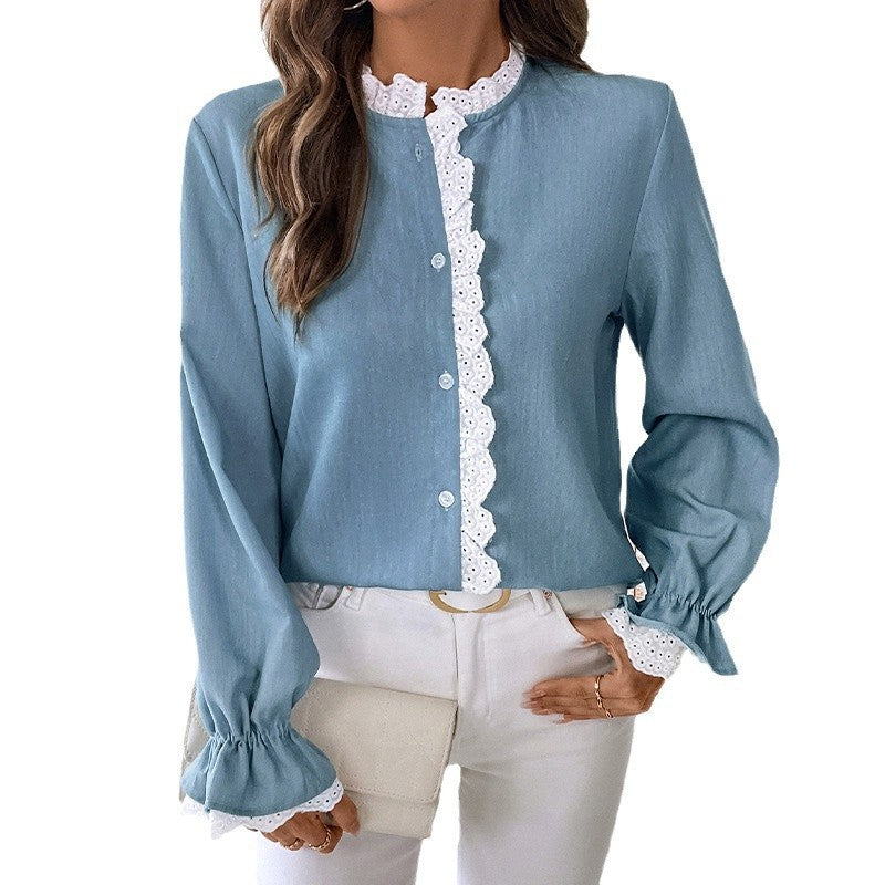 Damen Locker fallende Viskose-Bluse mit Spitzenbesatz und Stehkragen Drune