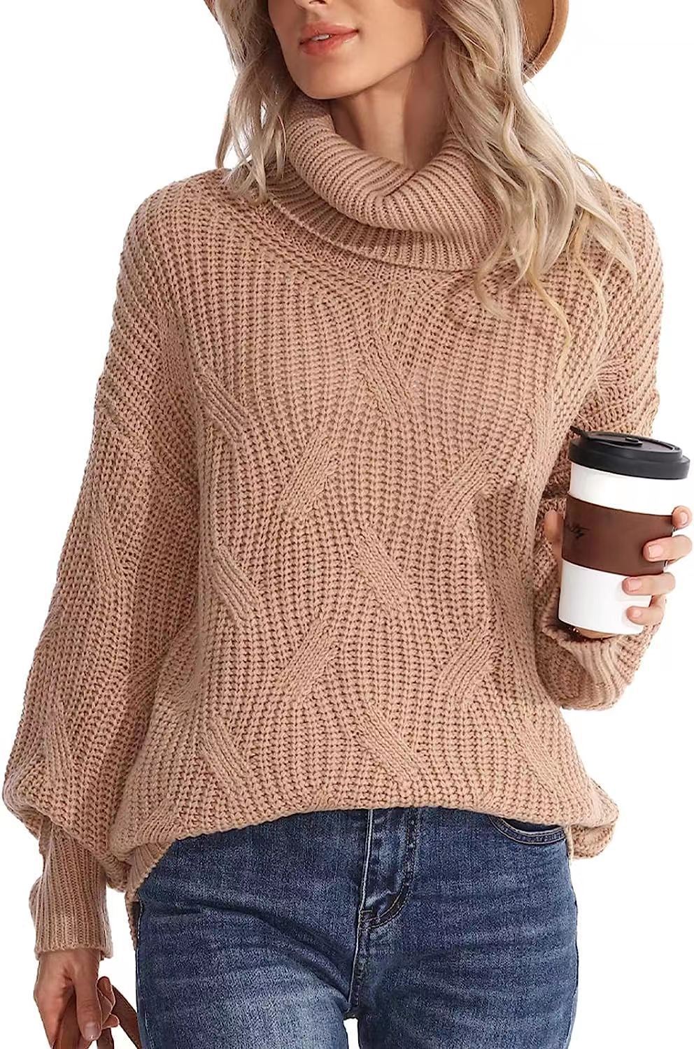 Damen Weicher Strickpullover mit hohem Kragen und Kabelmuster Drune