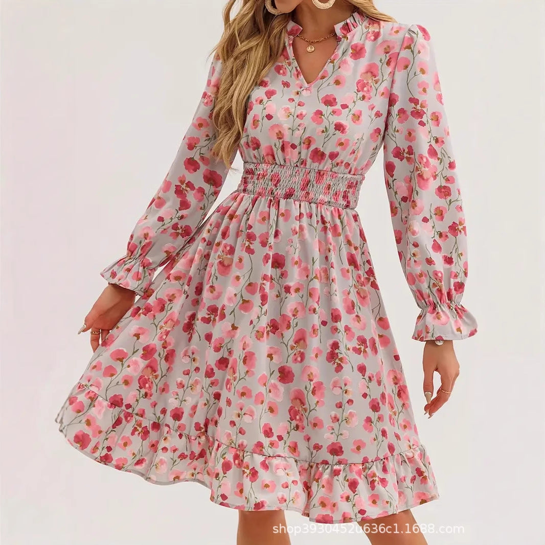Damen Blütenmuster Mini-Kleid mit voluminösen Ärmel und elastischem Taillenbund Drune