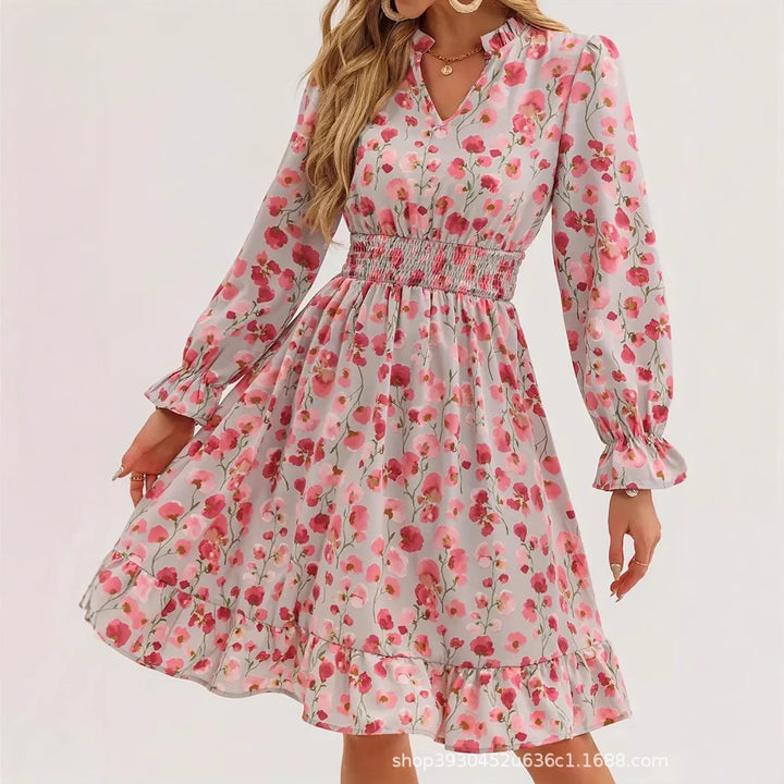 Damen Blütenmuster Mini-Kleid mit voluminösen Ärmel und elastischem Taillenbund Drune