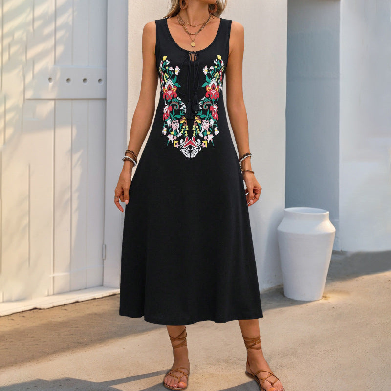 Damen lässiges Maxikleid mit floralen Applikationen und verstellbarem Bindegürtel Drune
