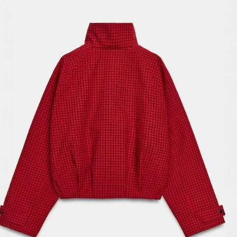Damen Cropped Bomberjacke mit Stehkragen, Karomuster und elastischem Saum Drune