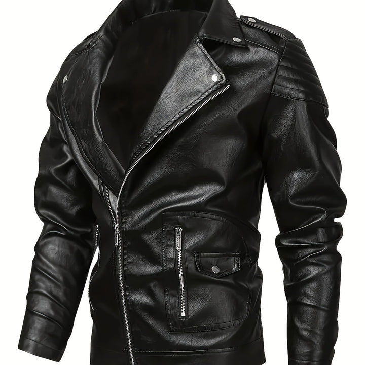 Herren Asymmetrische Bikerjacke aus Kunstleder mit gesteppten Schulterpaddings und Utility‑Taschen Drune