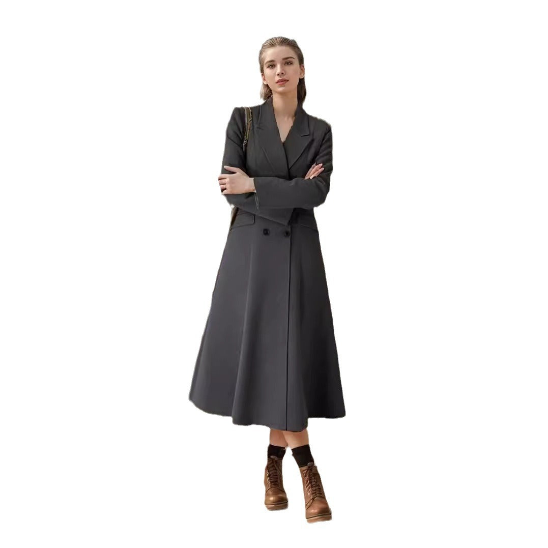 Damen eleganter Maximantel mit doppelter Knopfreihe und weit schwingendem Rock Drune