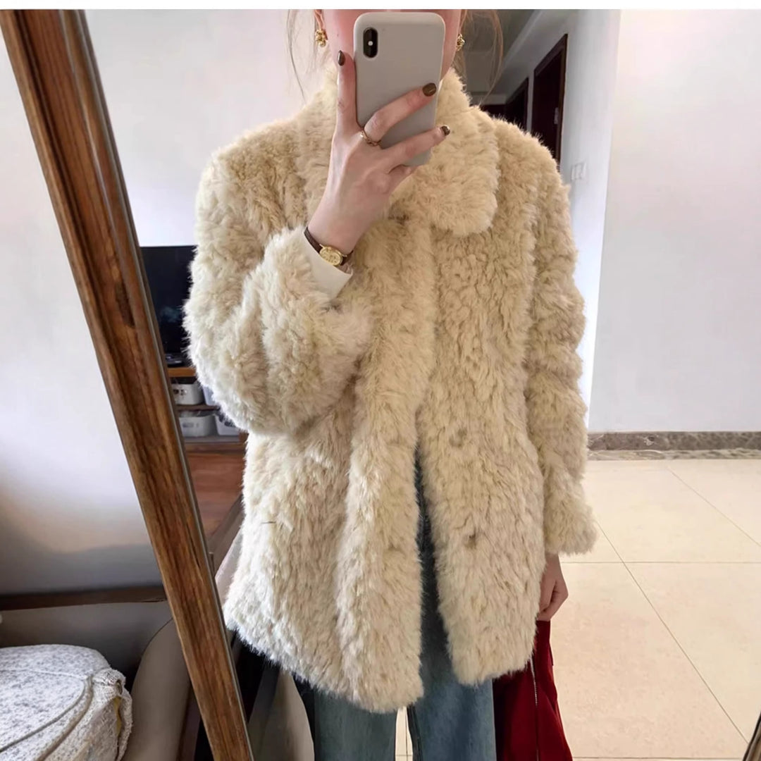 Damen Kurzer Teddy-Kunstfellmantel mit vollem Kragen und kastiger Silhouette Drune