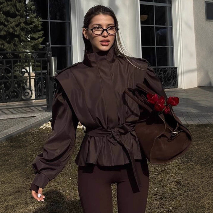 Damen Taillierte Peplumjacke mit Bindegürtel und voluminösen Ärmeln Drune