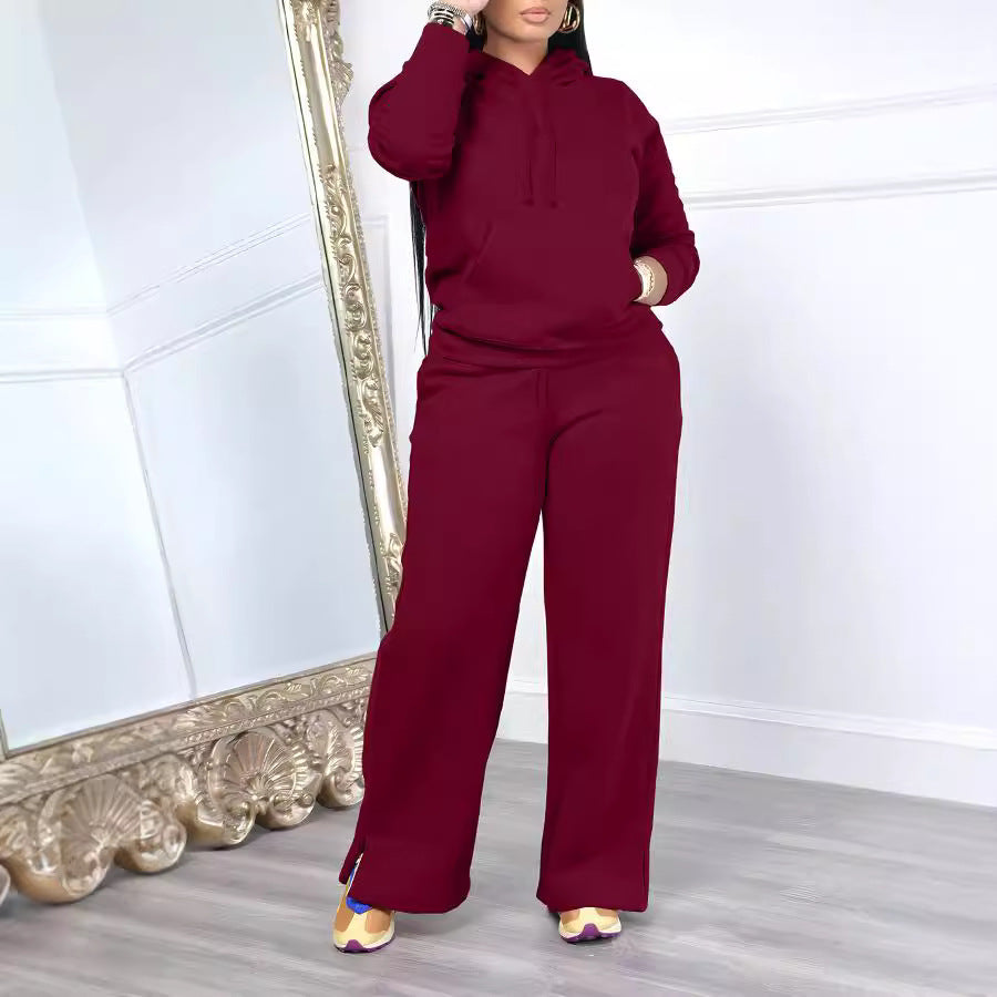 Damen nan Relax-Loungewear-Set mit weitem Highwaist-Palazzo-Jogger, Kapuzenpullover mit Kängurutasche und seitlichem Saumschlitz Drune