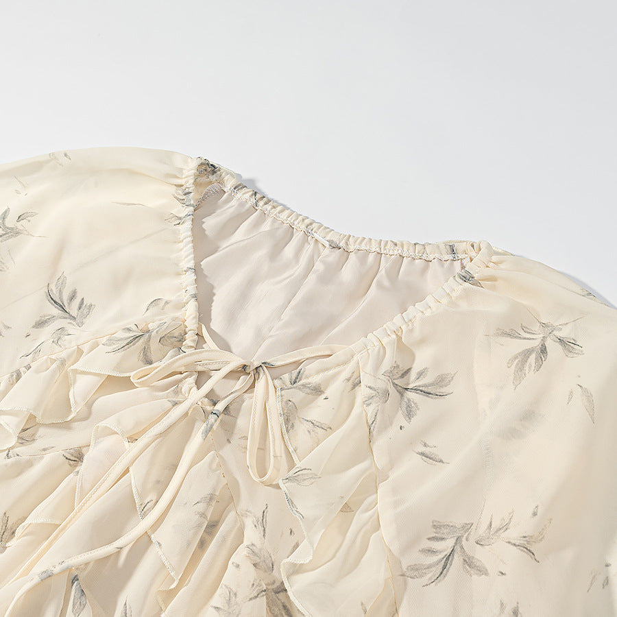 Damen 20+ Maxikleid mit Volants, langen Ballonärmeln und Bindeband Drune