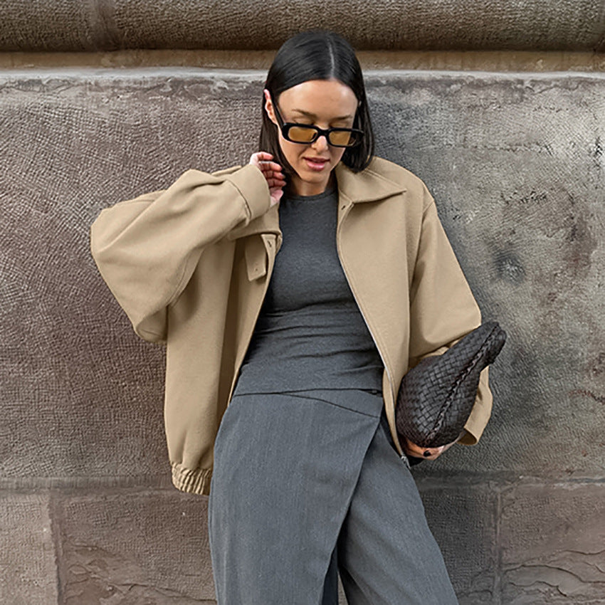 Damen Oversized Baumwolljacke mit Stehkragen und praktischen Taschen Drune