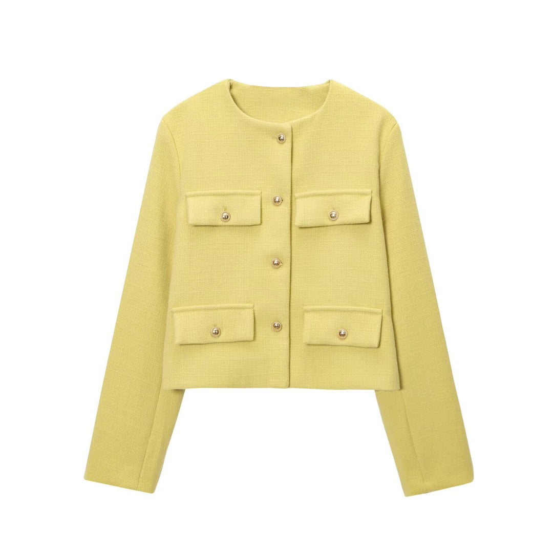Damen Bouclé-Cropped-Jacke mit vier Pattentaschen und goldenen Schmuckknöpfen Drune