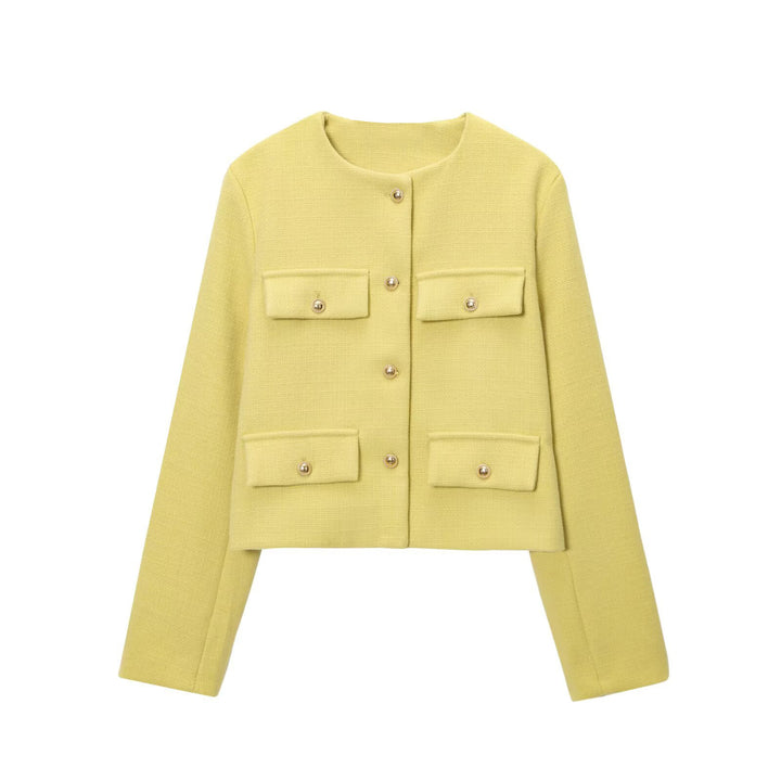 Damen Bouclé-Cropped-Jacke mit vier Pattentaschen und goldenen Schmuckknöpfen Drune