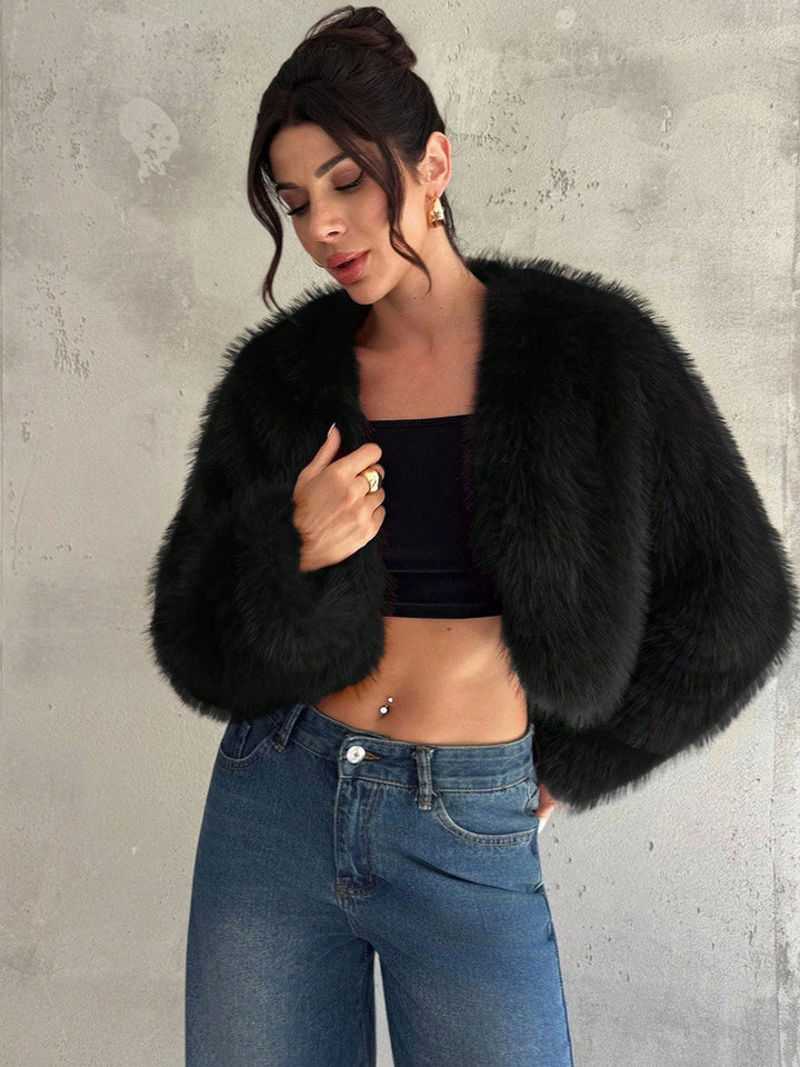 Drune | Felljacke Damen Offene Front Ge Cropte Flauschige Kunstpelzjacke