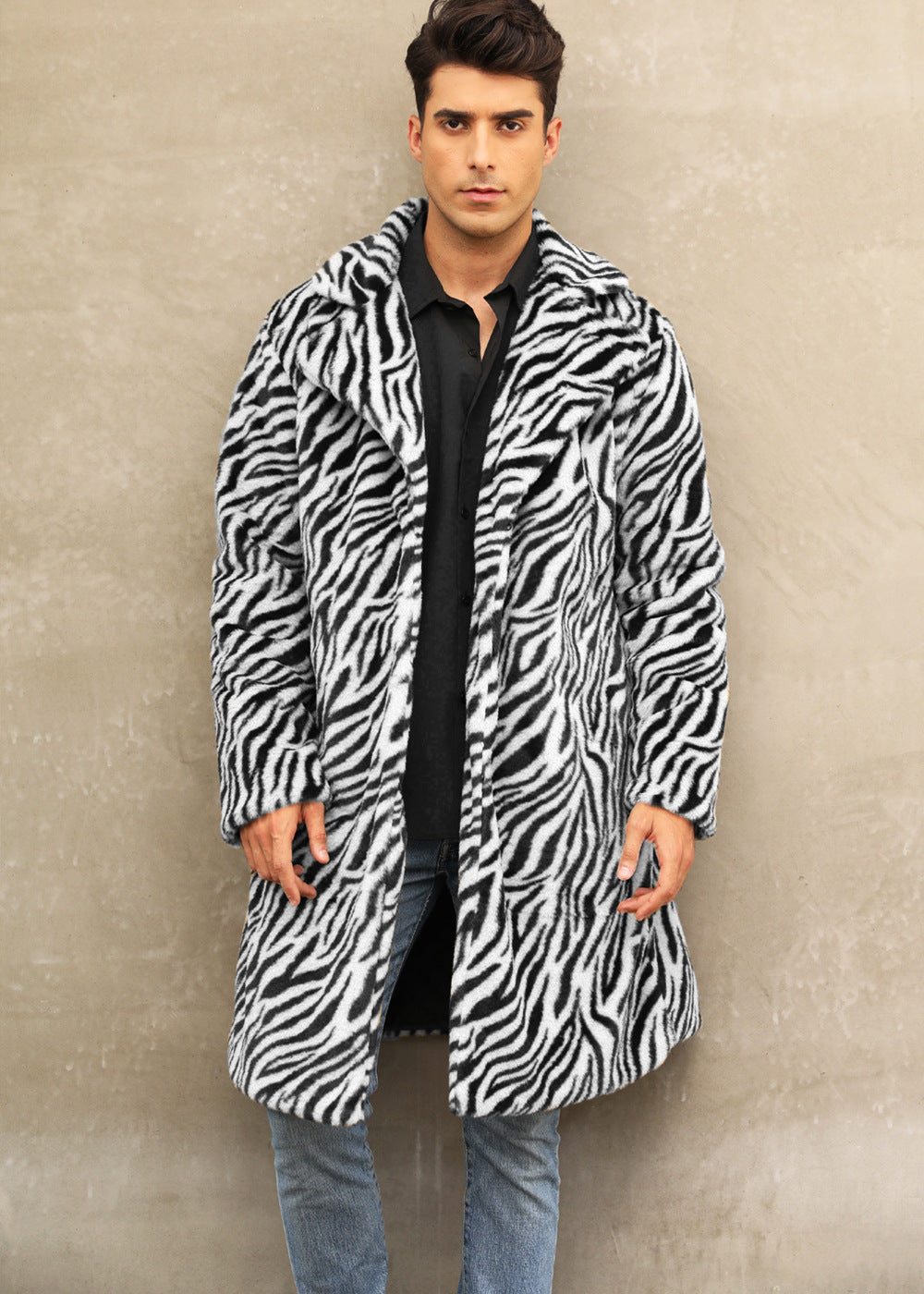 Herren Stilvoller Plüschmantel im Zebra-Look Drune