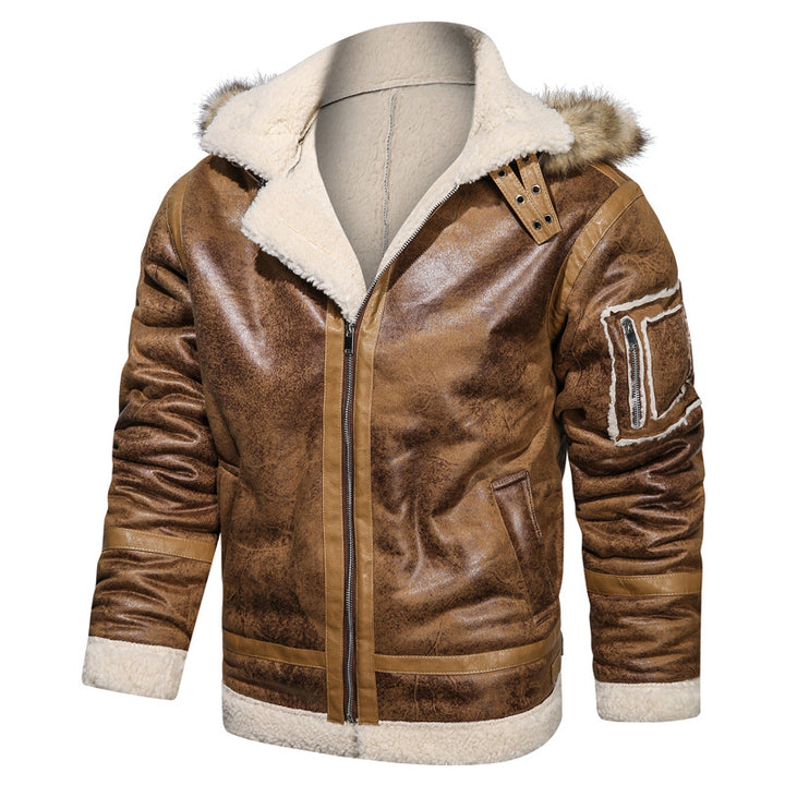 Herren Vintage Lammfell Fliegerjacke mit Kapuze und Teddyfutter Drune
