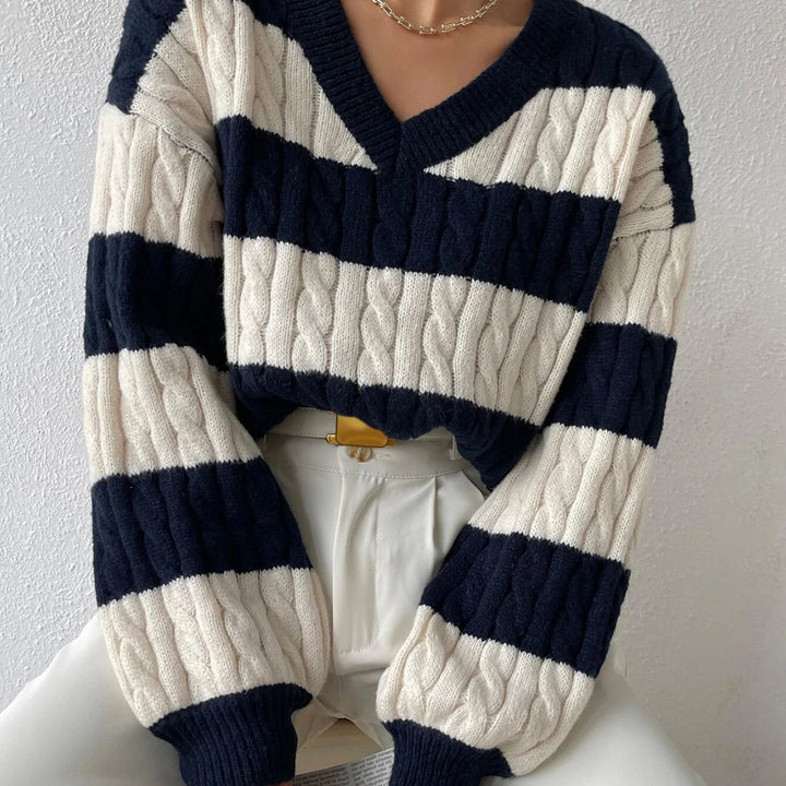 Damen nan gestreifter Grobstrick-Pullover mit Zopfmuster, tiefem V-Ausschnitt und oversized Passform Drune