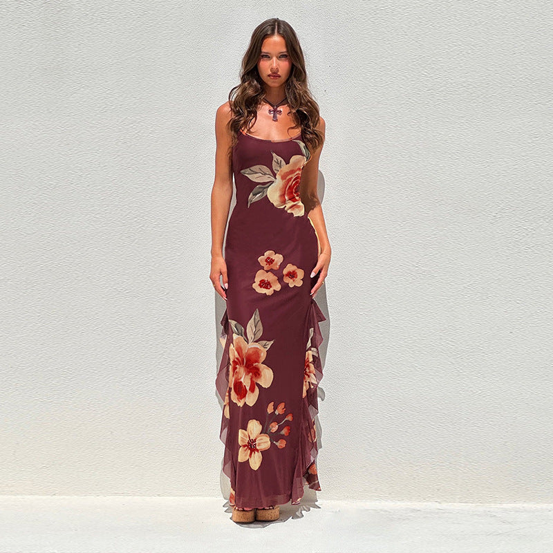 Damen elegantes Maxikleid mit floralem Design und seitlichem Schlitz Drune