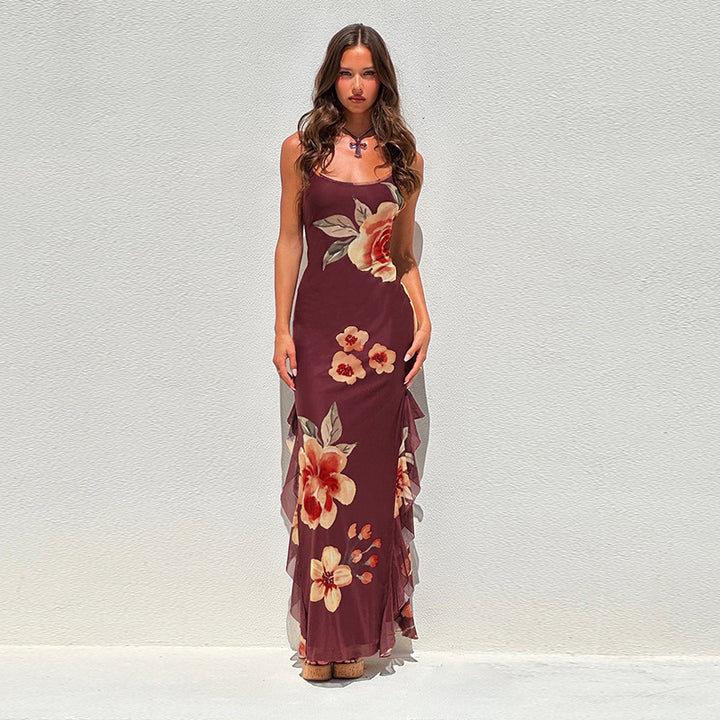 Damen elegantes Maxikleid mit floralem Design und seitlichem Schlitz Drune