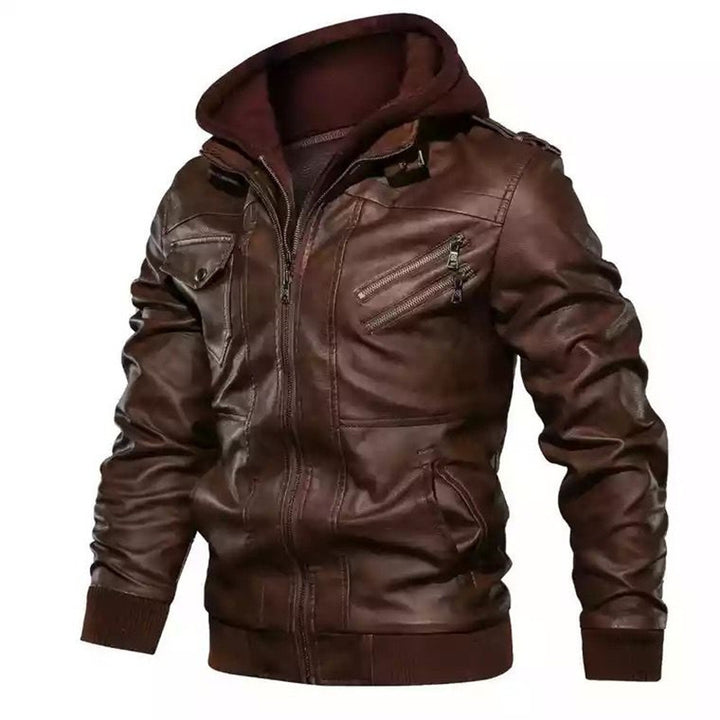 Herren Lederimitat-Kapuzenjacke im Aviator-Stil mit Reißverschluss, Pattentaschen und Ziernähten Drune